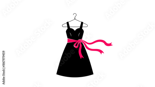 An elegant black cocktail dress with a vibrant pink ribbon tied at the waist, hanging on a hanger.
