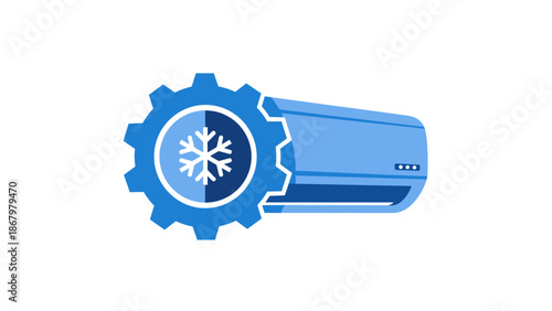 A blue air conditioner unit with a gear and a snowflake icon, symbolizing cooling system service or repair.