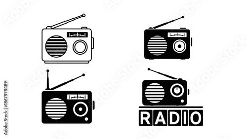 A comprehensive collection of four classic radio icons depicted in various styles, including outlined, solid, and with text.