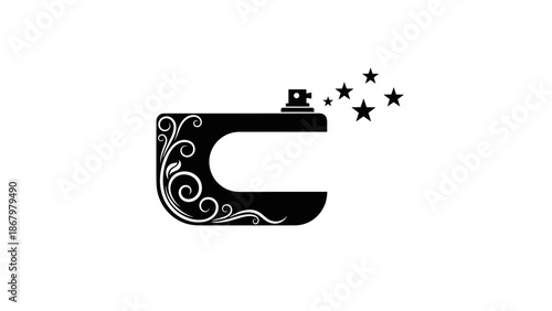 An elegant and decorative black capital letter C resembling a stylish perfume bottle with ornamental swirls and stars.
