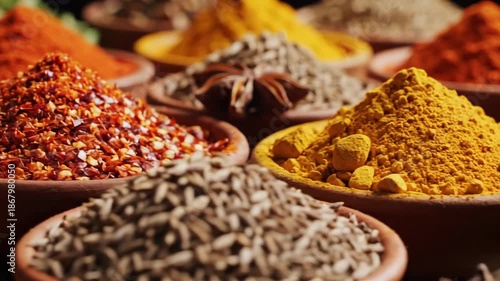 A vibrant assortment of colorful ground spices and whole herbs presented in small terracotta bowls, showcasing culinary diversity and aromatic potential.