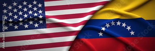 A striking visual composition showcases the united states flag alongside the vibrant tricolor flag of venezuela representing international relations high quality Free Download A striking visual composition showcases the united states flag alongside the vibrant tricolor flag of venezuela representing international relations high quality - GFXLoad