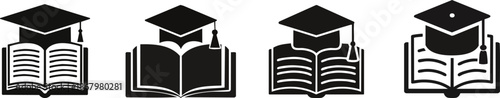 Education & Learning. Four graduation-themed icons featuring open books with caps symbolize education and academic achievement.