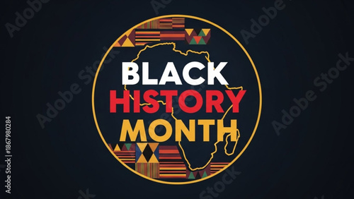 A colorful Black History Month logo with African continent and patterned design