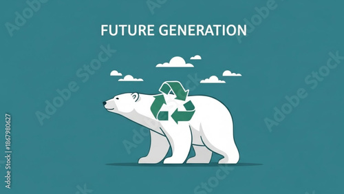 A vector graphic illustration of a polar bear with a recycling symbol on its back, representing eco-friendliness and sustainability for future generations.