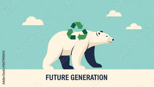 A polar bear with a recycling symbol on its back walking towards the future generation