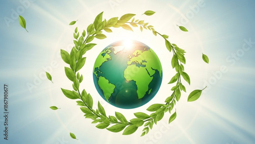 Green Earth surrounded by lush leaves symbolizing eco friendly planet