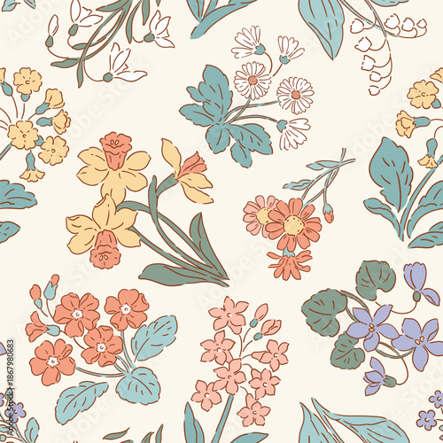 Seamless vector pattern with spring flowers. Hand drawn liberty floral design on isolated background. Snowdrop, crocus, hyacinth, primrose, daffodils, bluebell and violet.