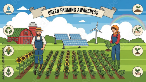 Green farming awareness with solar panels and sustainable agriculture practices
