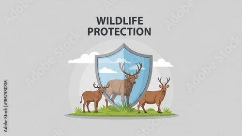 Wildlife protection concept with deer and shield in natural scenery