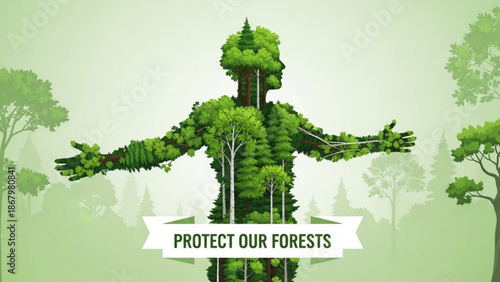 Protecting our planet with a green human tree silhouette