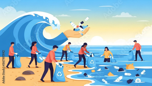 People cleaning beach and ocean with recycling bags and hands