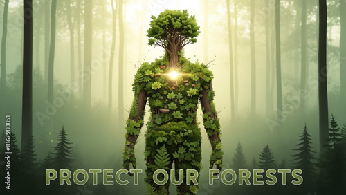 Vibrant forest guardian with glowing heart in misty woods landscape