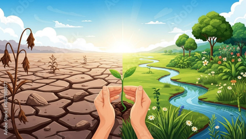 Hands nurturing a green plant in a split landscape of drought and lush nature