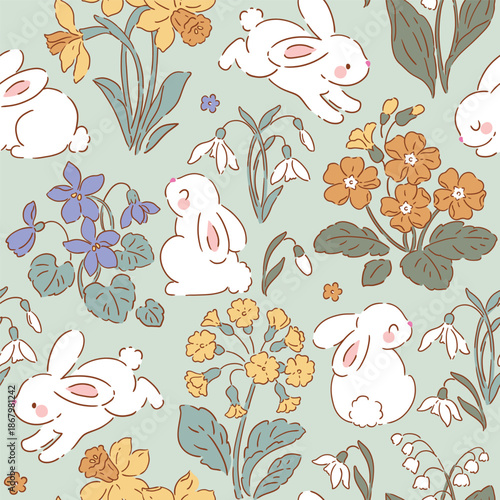 Wallpaper Mural Cute white rabbits on spring floral background. Seamless vector pattern. Hand drawn Easter bunny pattern.  Torontodigital.ca