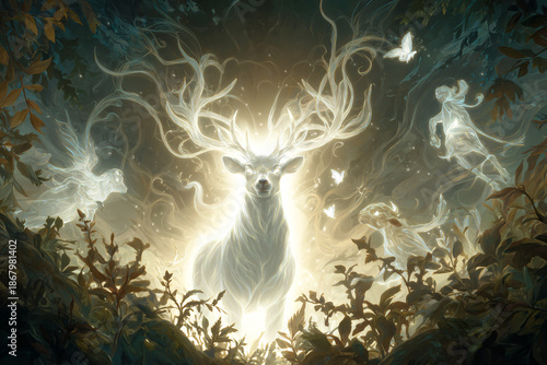 Mystical glowing deer of light emerging in enchanted forest, spiritual energy and fantasy atmosphere with ethereal magical presence.