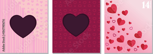 A collection of three romantic greeting card designs showcasing various heart shapes and love themed patterns