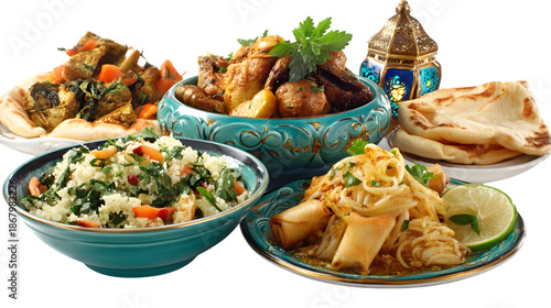 A Festive Iftar Table Presents Middle Eastern Meals Isolated on White PNG