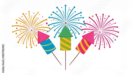 Colorful Fireworks and Rockets Displayed Against a White Background for Celebration and Joy.