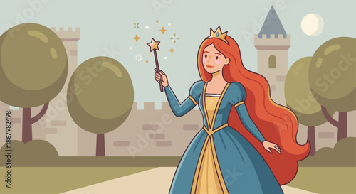 Princess Holding Magic Wand
A flat vector illustration of a princess holding a magic wand or glowing object. Sparkles and stars appear subtly. 