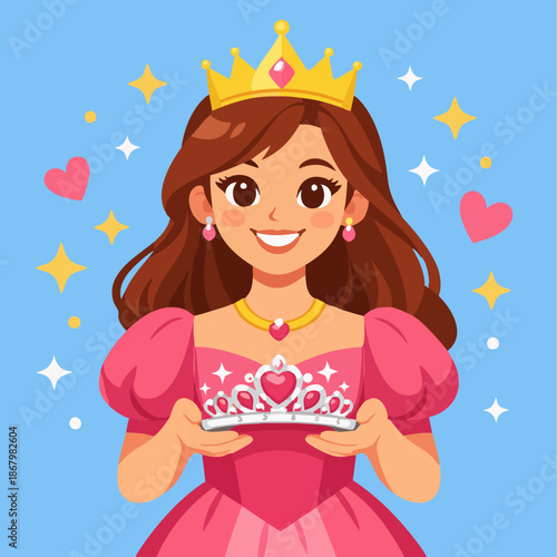 Friendly Princess Portrait
A flat vector illustration of a friendly princess smiling confidently, holding a flower or tiara. Simple background with stars and hearts. 