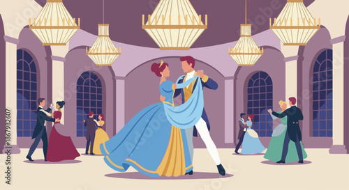 Princess Dancing at Royal Ball
A flat vector illustration of a princess dancing at a royal ball. Flowing dress, chandeliers, and palace hall visible. Flat vector style, graceful movement.