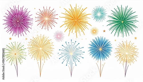 Colorful Fireworks Display on White Background for Celebration and Festive Events.