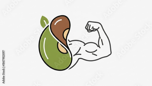 A vector graphic illustration of a muscular arm flexing next to a green avocado with a brown pit.