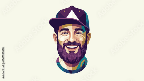 Smiling man with beard wearing a cap portrait illustration.