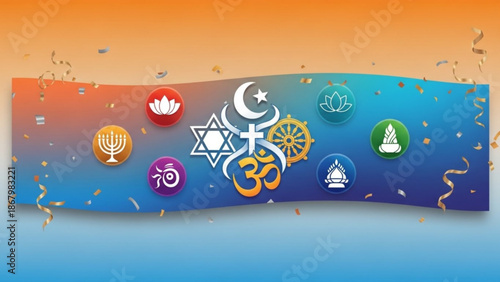 A vibrant vector graphic representing various religious symbols on a colorful banner with confetti