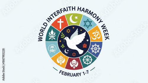 A colorful vector graphic illustrating World Interfaith Harmony Week with a dove and various religious symbols