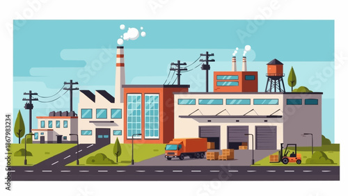 Industrial factory complex with smokestacks and loading docks.