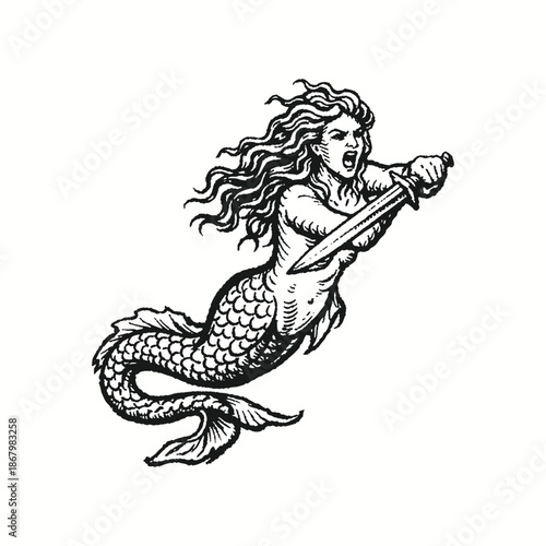 Angry Siren Mermaid Swimming with Sword Vintage Nautical Illustration