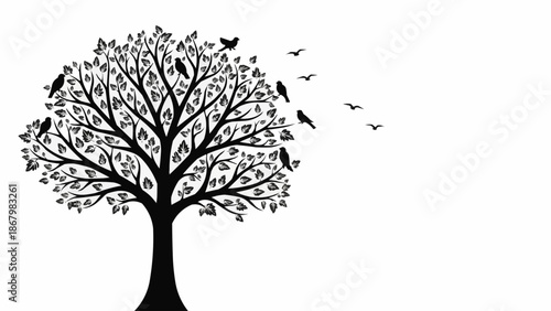 Silhouette of a Tree with Birds Flying Away.