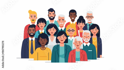 Diverse group of people standing together in a crowd.