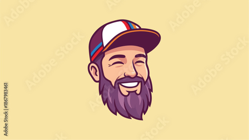 Happy man with beard and cap smiling widely on yellow background.