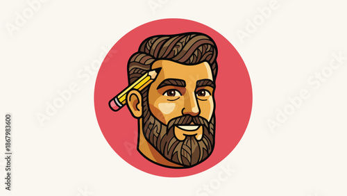Cartoon portrait of a man with a pencil in his hair.