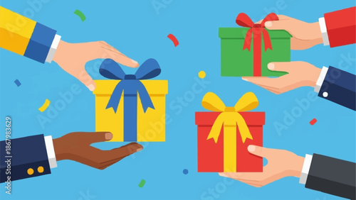 Hands exchanging colorful gift boxes with ribbons and bows.