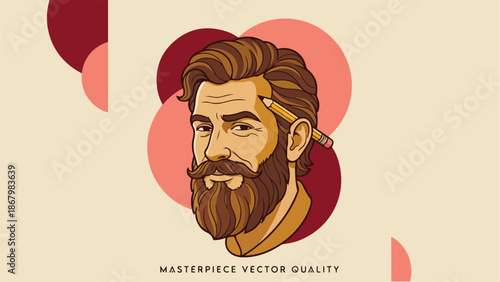 Artistic Portrait of a Bearded Man with Pencil Vector Illustration.