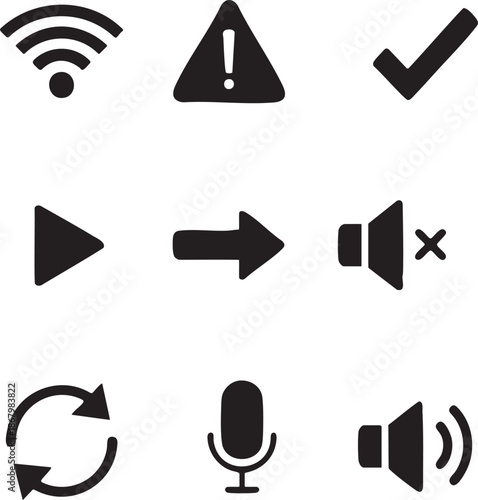 wifi, warning, circle, checkmark, play, right arrow, volume down, volume mute, refresh, camera, camera, microphone.eps