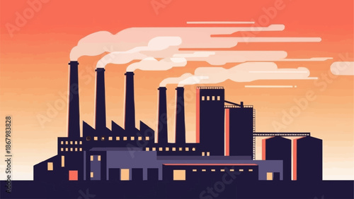 Industrial factory with smoke stacks emitting pollution into the sky.