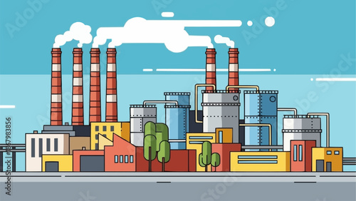Industrial Factory with Smoking Chimneys and Storage Tanks.