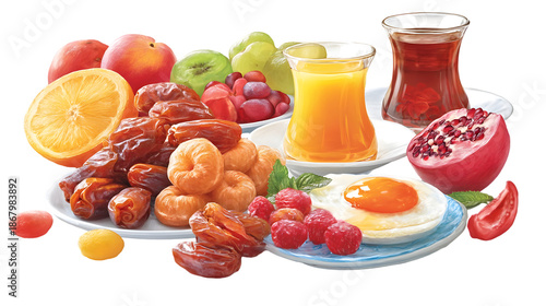 A Traditional Iftar Table Displays Complete Ramadan Dishes Isolated on White PNG