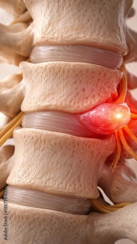 Spine pain aging chronic disease concept with lumbar disc herniation bulge nerve compression and inflammation medical illustration of human vertebra vertebrae backbone segment closeup detail anatomy