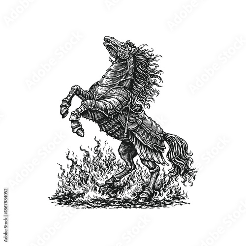 Armored Warhorse Rising on Burning Battlefield – Vintage Engraving Style