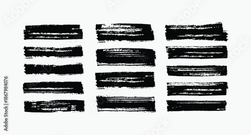 Black brush stroke textures arranged in rows on a white background, rough paint lines and grunge marks. Minimal abstract design ideal for backgrounds, branding, marketing layouts, educational visuals.