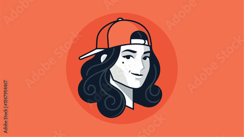 Stylish woman with a cap and curly hair smiling in a portrait.