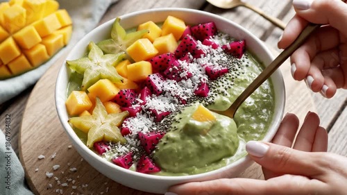 Healthy Smoothie Bowl with Mango, Dragon Fruit, and Star Fruit - A Nutritious Breakfast.