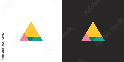 Two distinct triangular shapes on a white and black background with yellow pink and teal colors