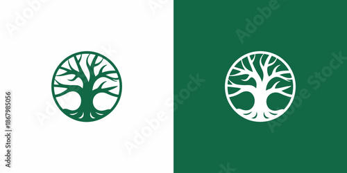 Two Green and White Tree Emblems on Divided Background circle